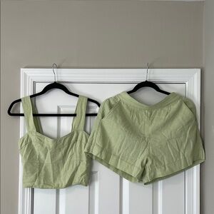 Abercrombie Linen Set, Green Women's Top and Shorts Set